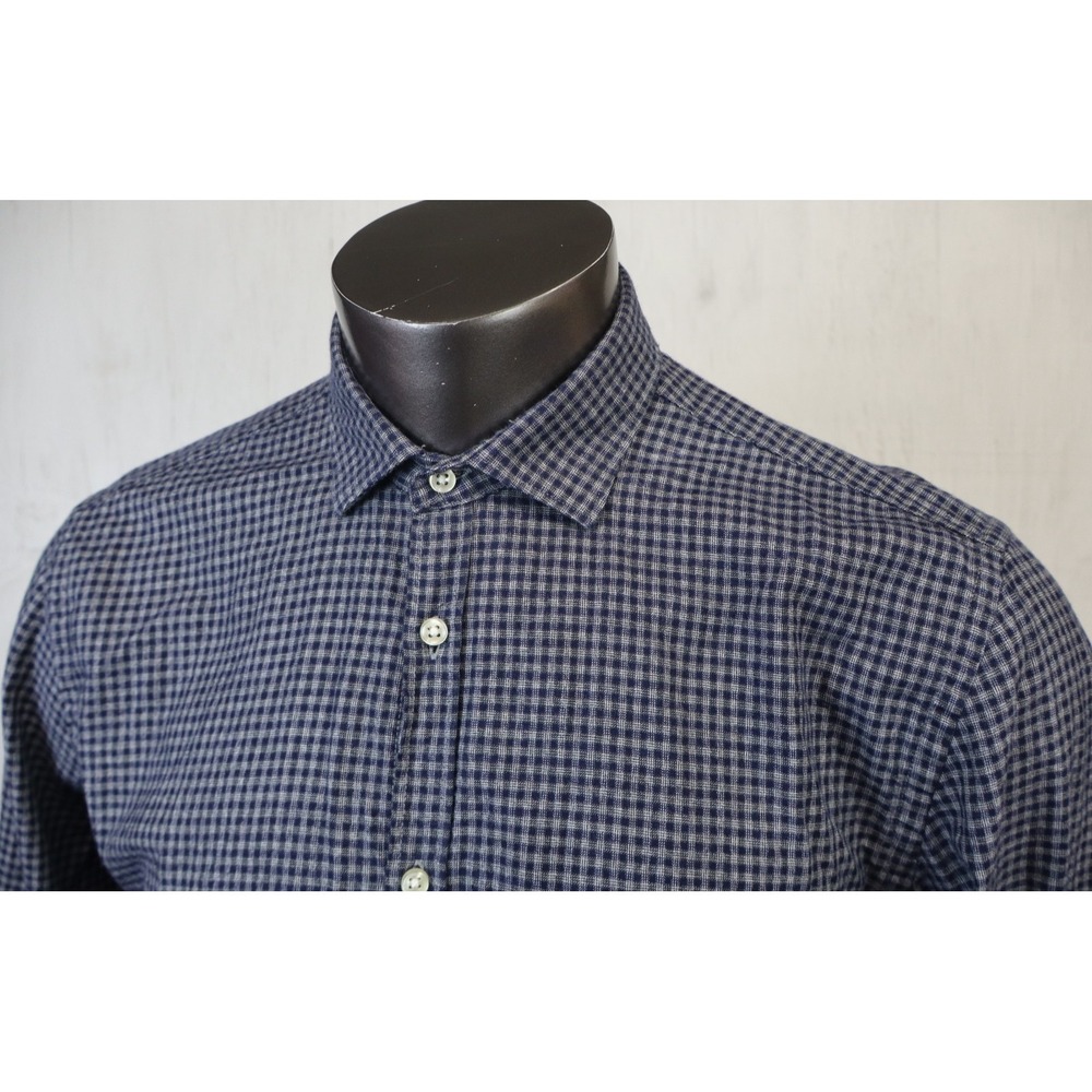 Lafaurie Mens Shirt Button Front Long Sleeve Blue Check Size L Cotton Ronnie - Picture 4 of 6
